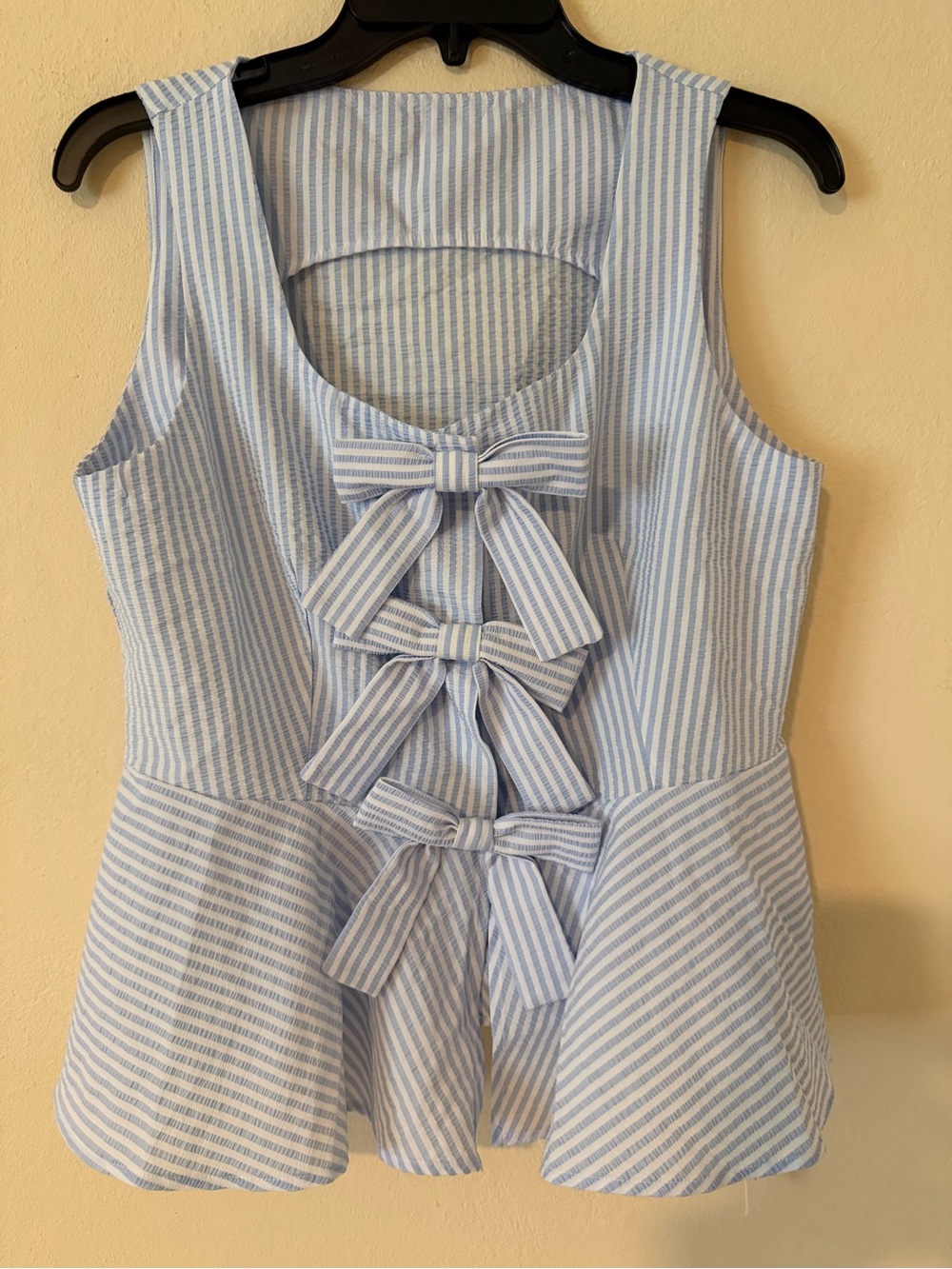 Commense Blue and White Striped Bow Front Peplum Tank